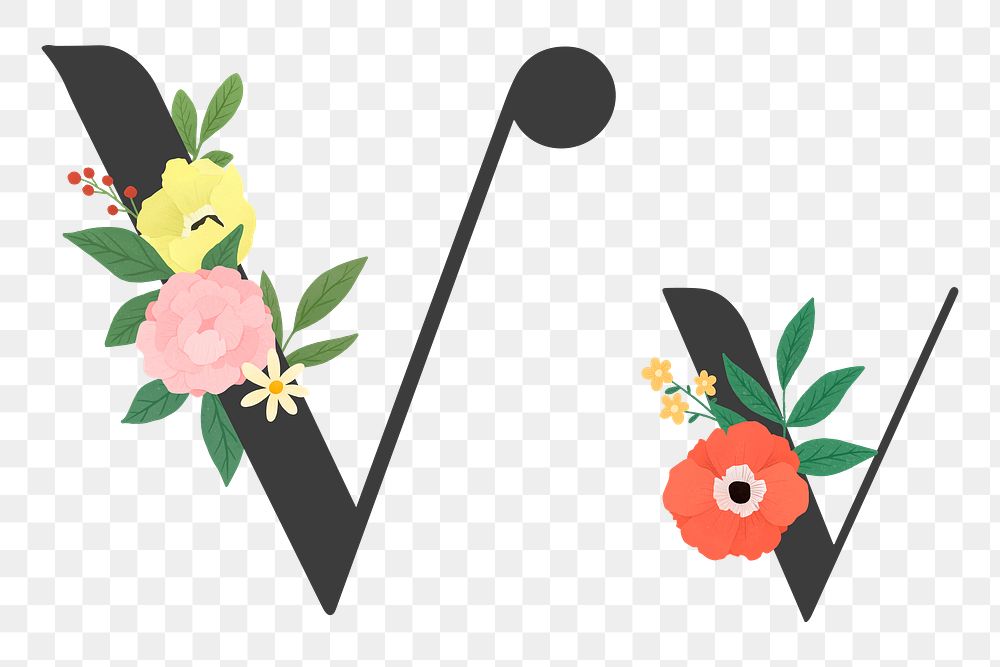 Png Elegant floral letter v element, transparent background