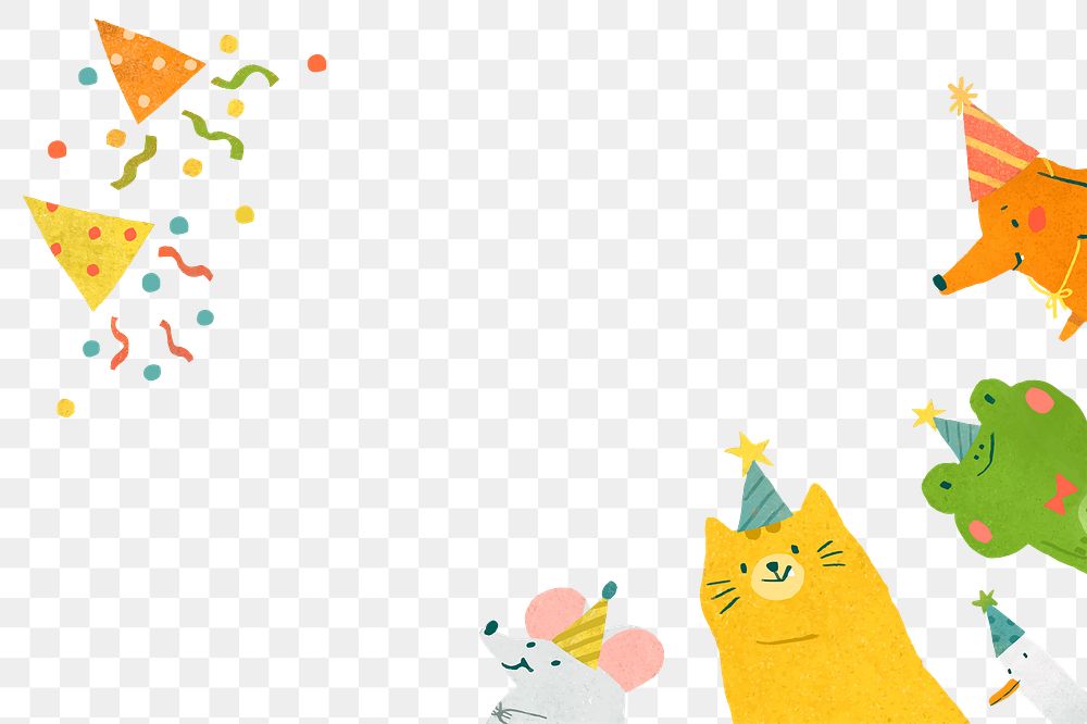 Cute animal birthday png border, transparent background