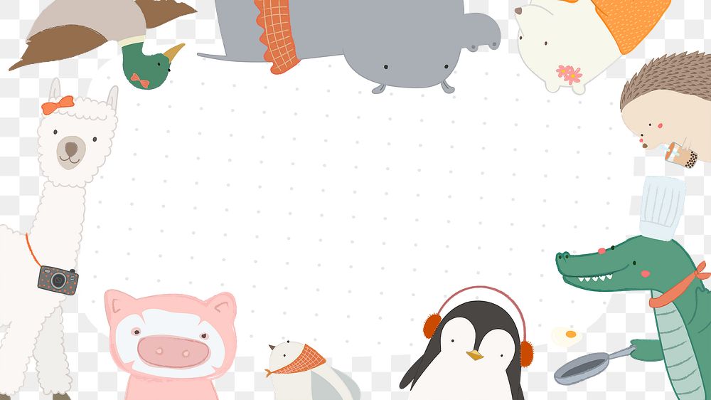 Png cute animals design border frame, transparent background