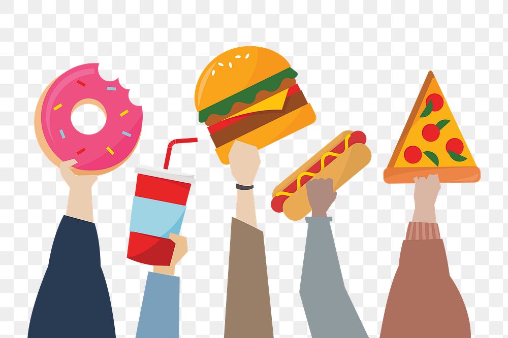 Hands holding fast food png, transparent background