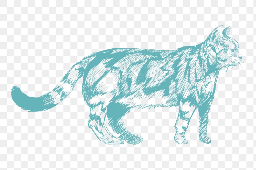  Png blue walking cat sketch illustration, transparent background