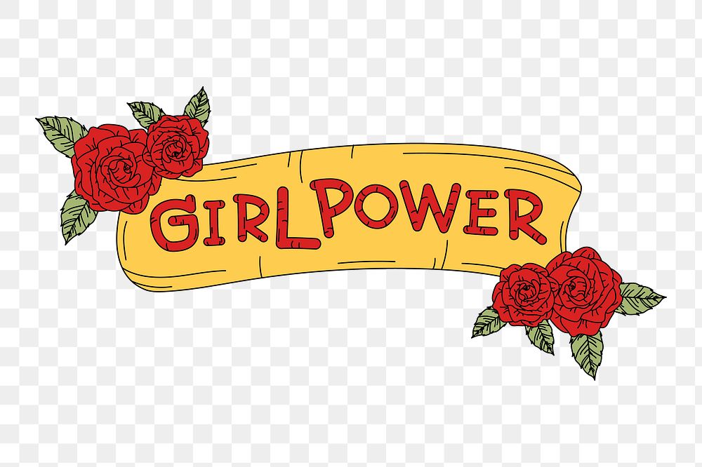 Png Girl power banner with flowers element, transparent background