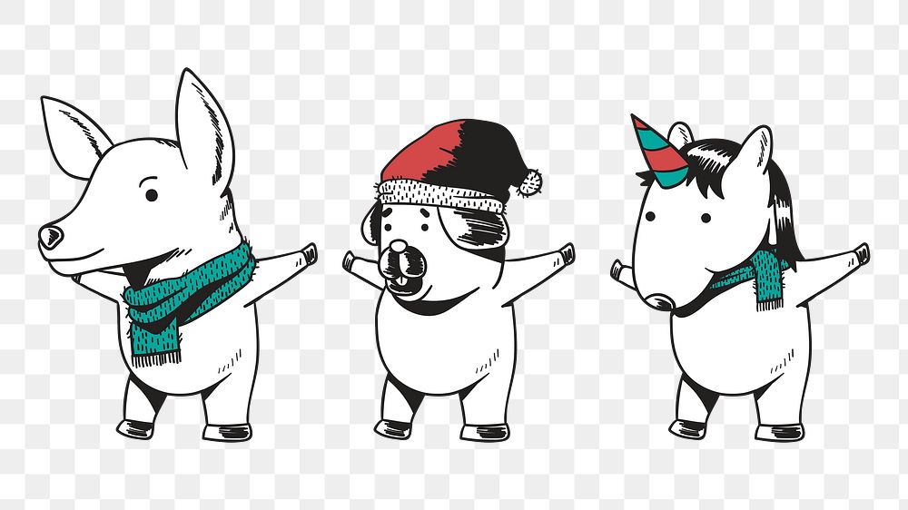 Png animal christmas characters hand drawn sticker, transparent background