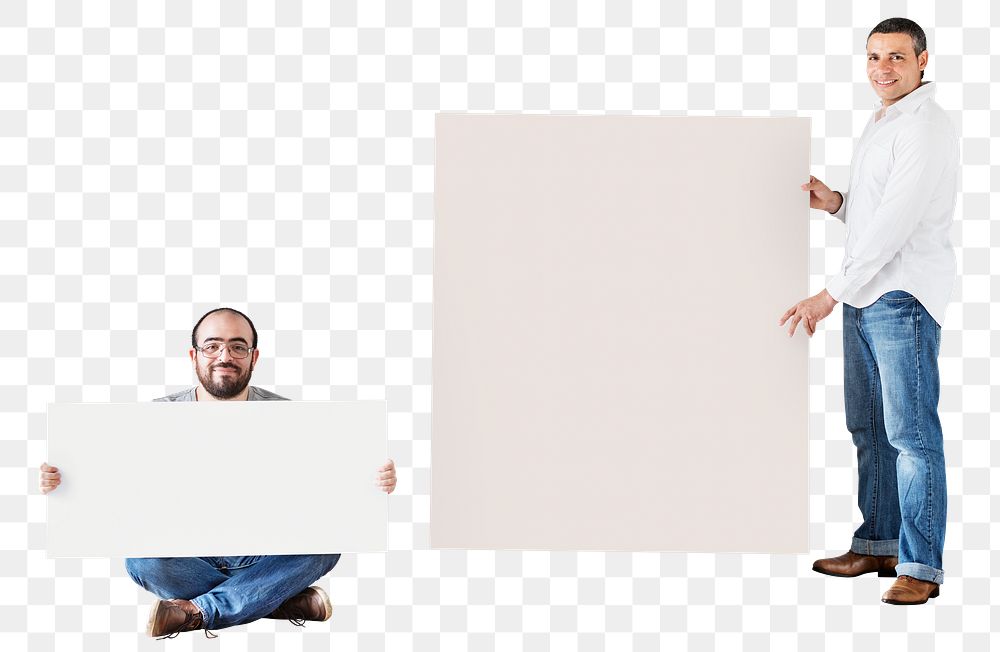 Png Men holding blank board, transparent background