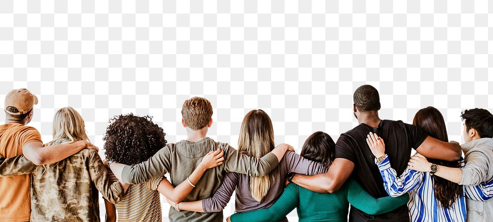 PNG Rearview of diverse people hugging each other collage element, transparent background