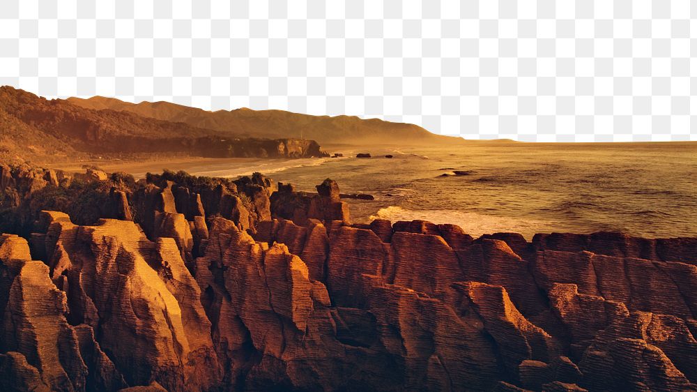 PNG Pancake rocks in golden hour border, transparent background