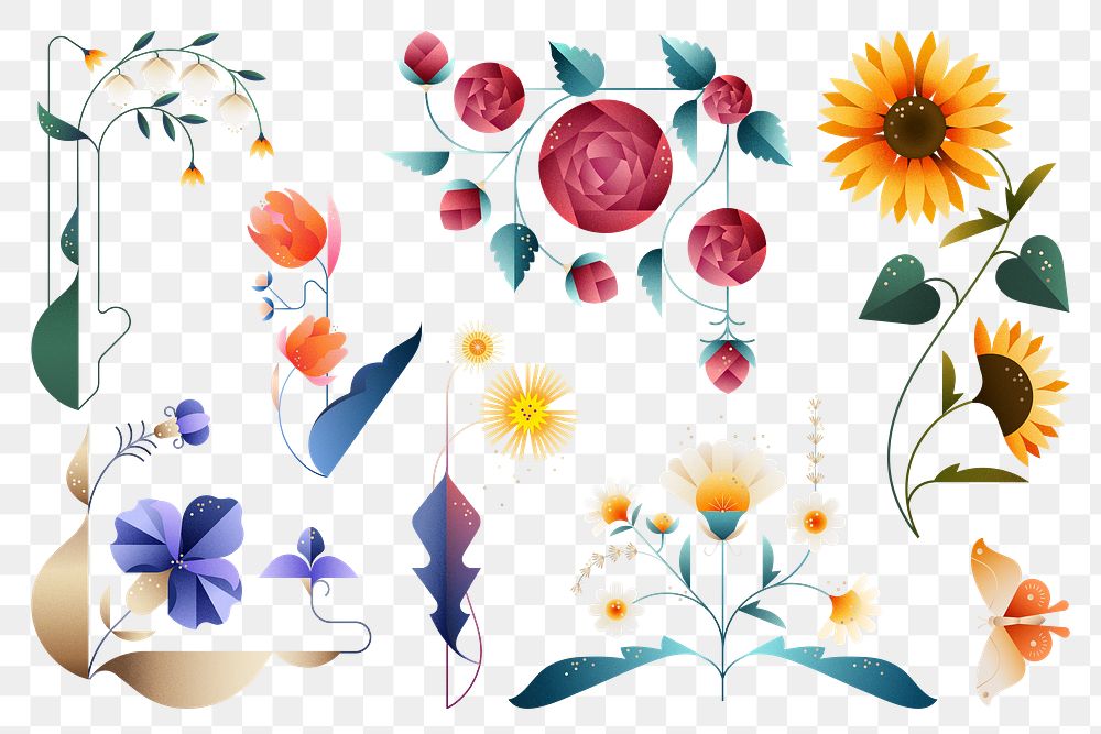 Png colorful geometric flowers illustration set, transparent background