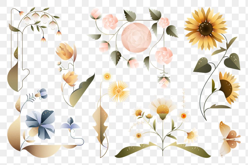 Png pastel geometric flowers illustration set, transparent background