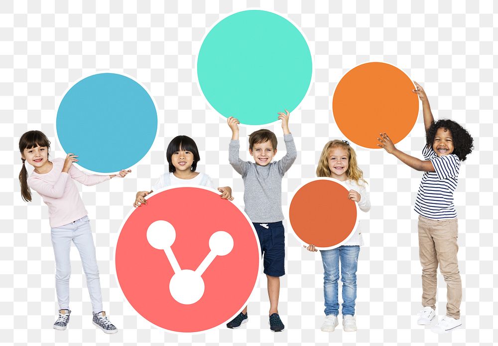 Png diverse children with a sharing icon, transparent background