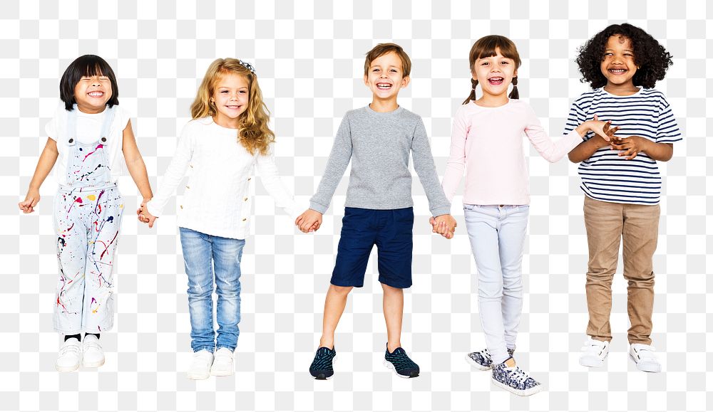 Png cheerful kids holding hands, transparent background