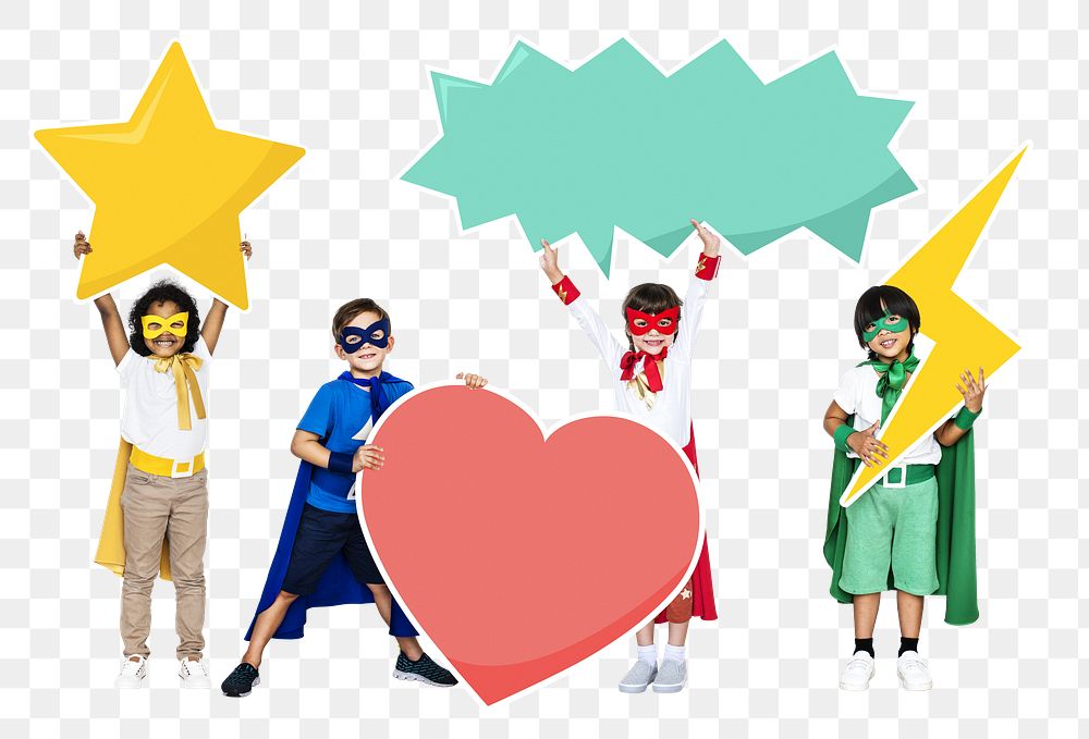 Png  superhero kids with fun icons, transparent background