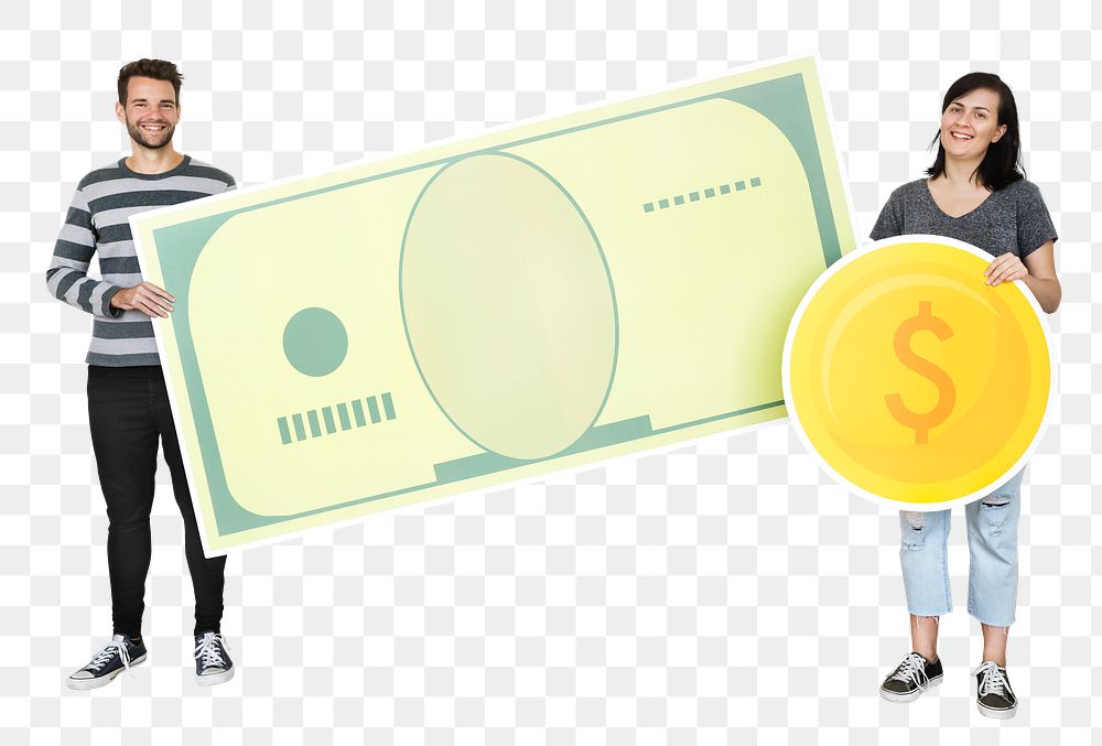 People png holding money icons, transparent background