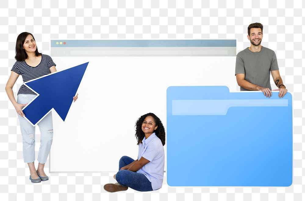 Png people with webpage, a folder, and a cursor icons, transparent background