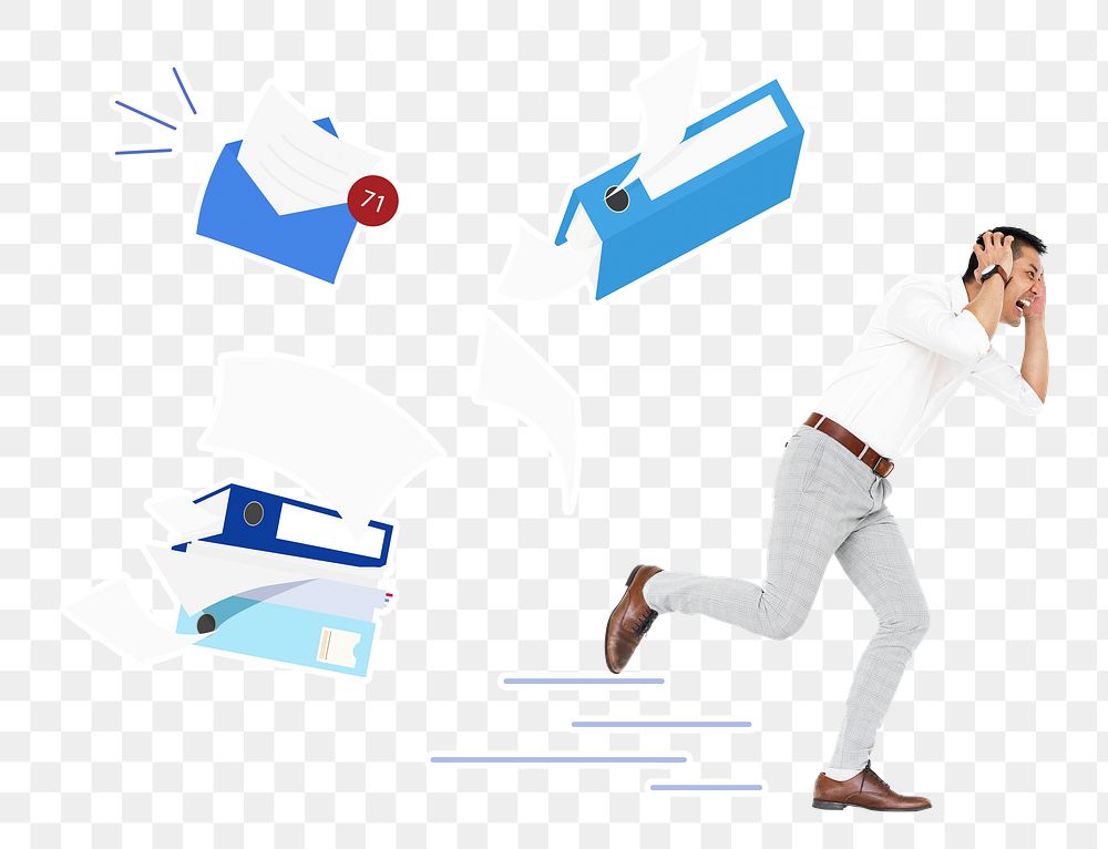 Stressed businessman png running away from his tasks, transparent background