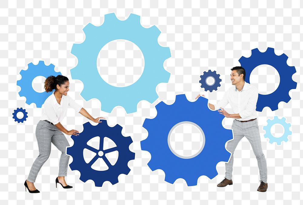 Png business partners connecting through gears, transparent background
