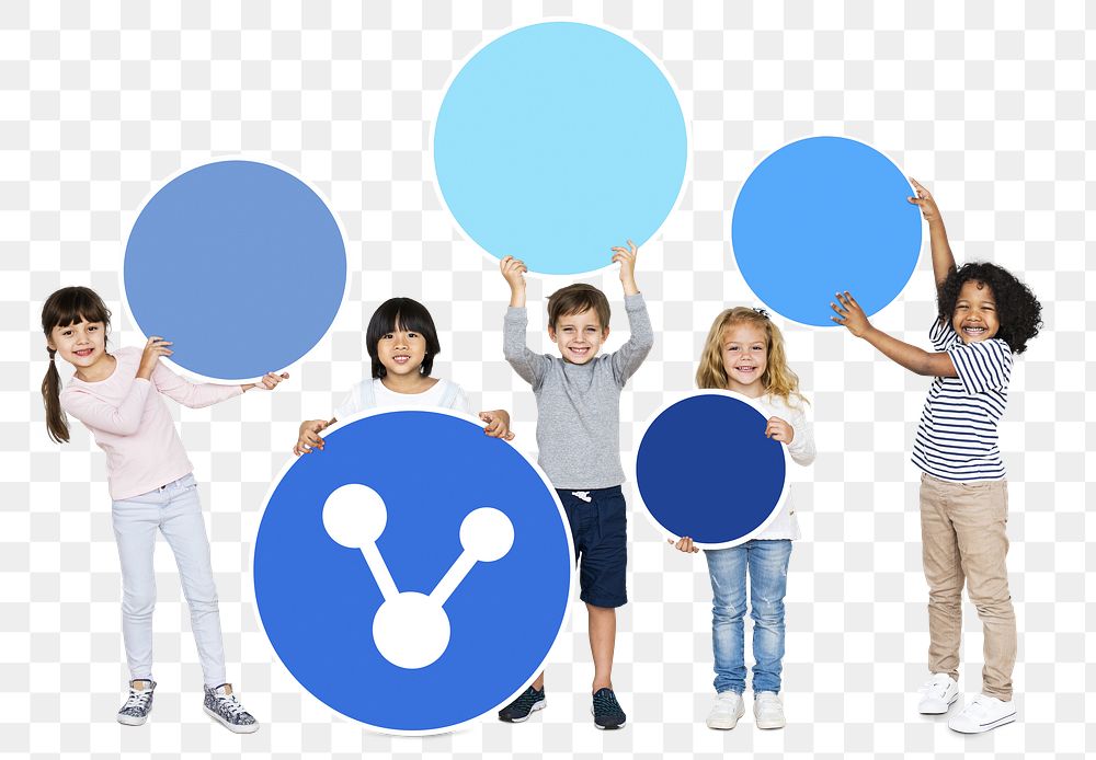 Diverse kids png holding round shaped props, transparent background