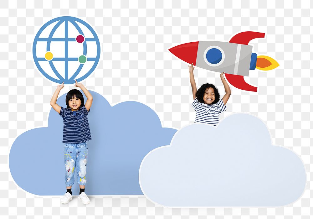 Png kids holding globe & rocket props, transparent background