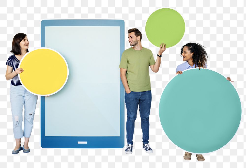 Png tablet & people holding circles, transparent background