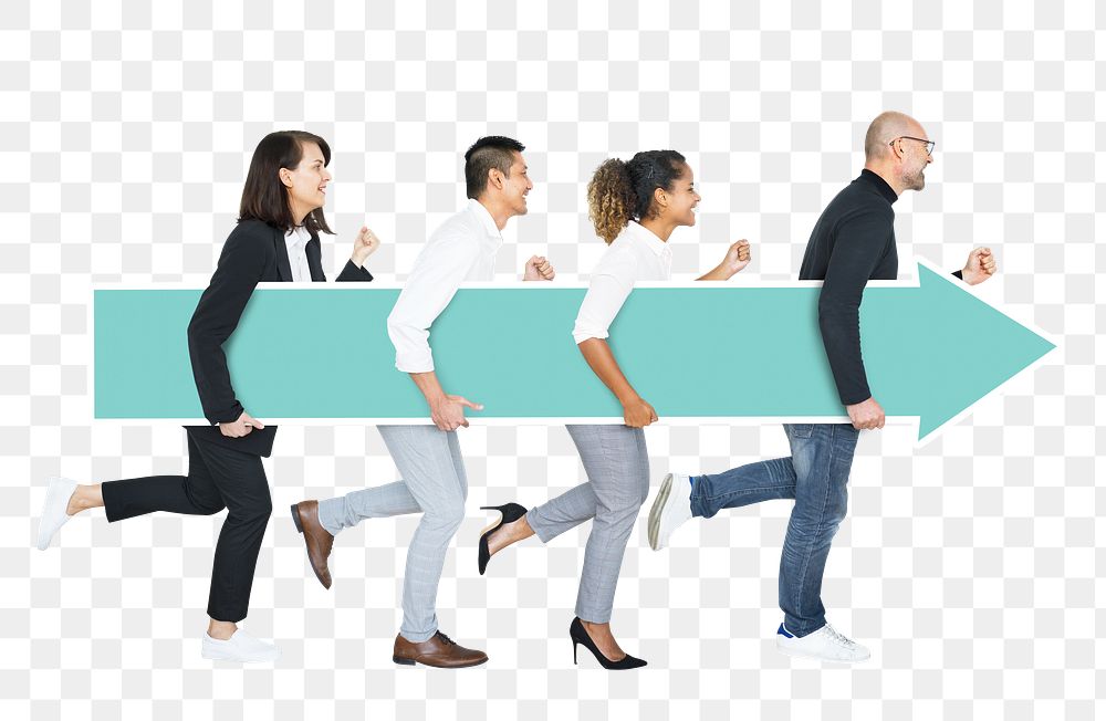 Business people png with arrow moving forward, transparent background