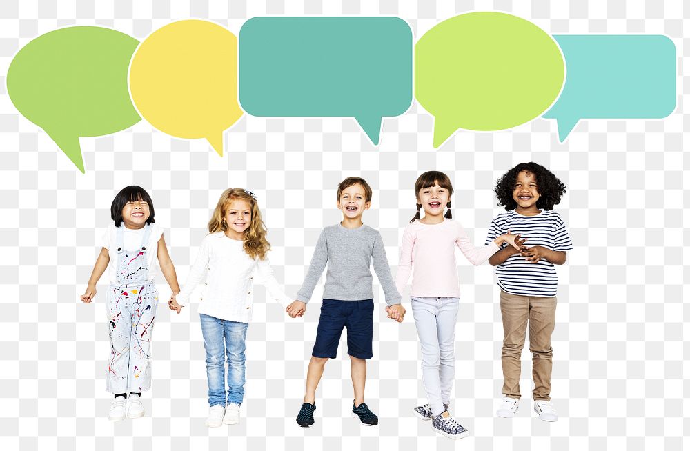 Png happy diverse kids with speech bubbles, transparent background