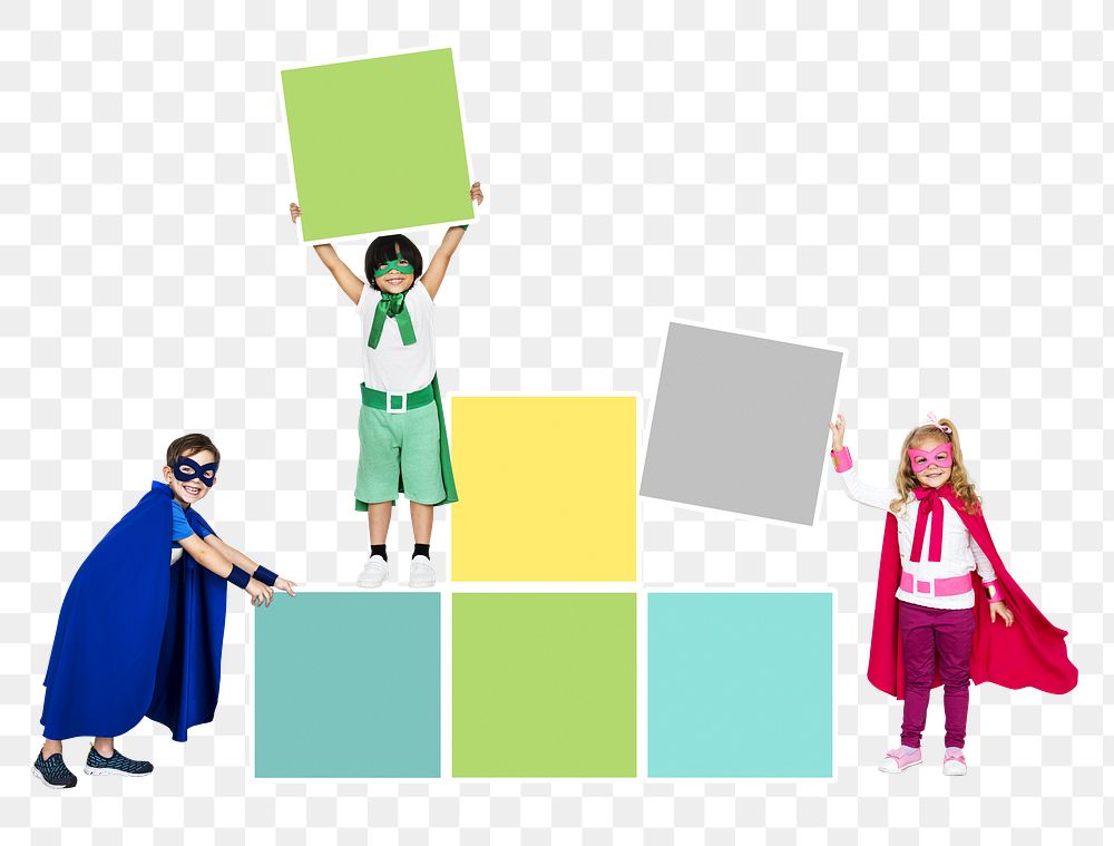 Png young superheroes stacking square boards, transparent background