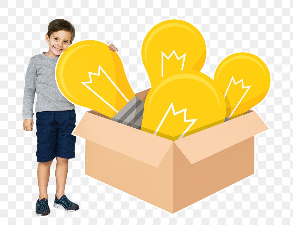 Png boy with idea box, transparent background