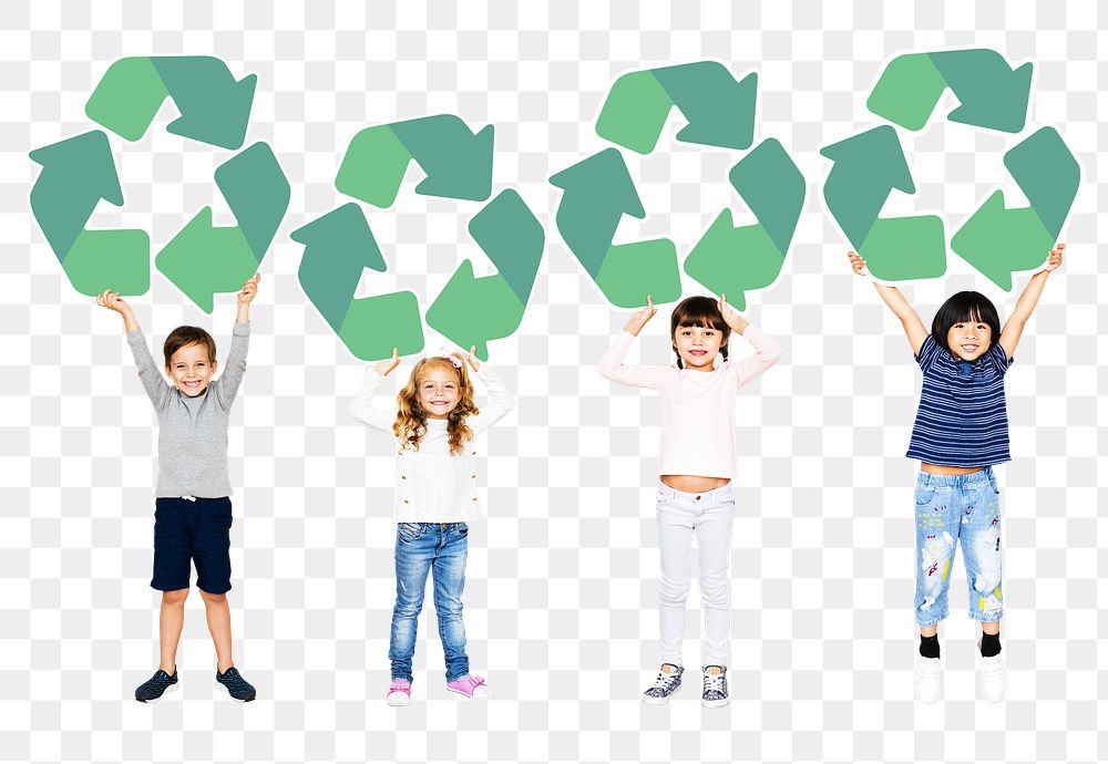 Png kids holding recycle icons, transparent background