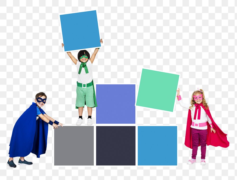 Young superheroes png stacking empty boxes, transparent background