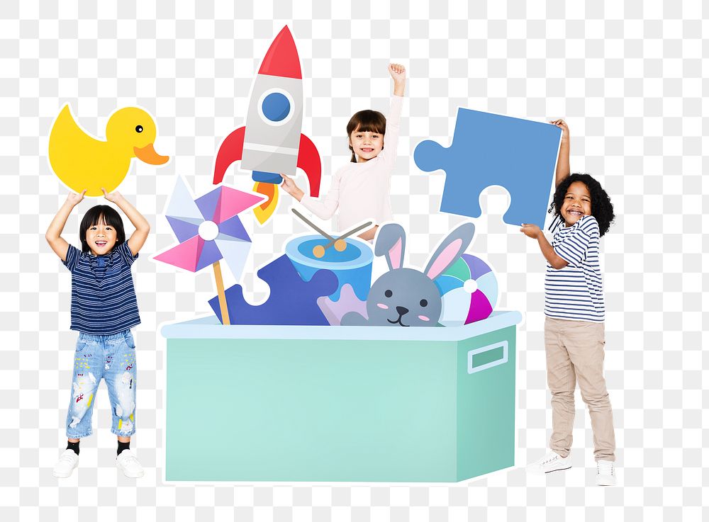 Cheerful kids png playing with toys, transparent background