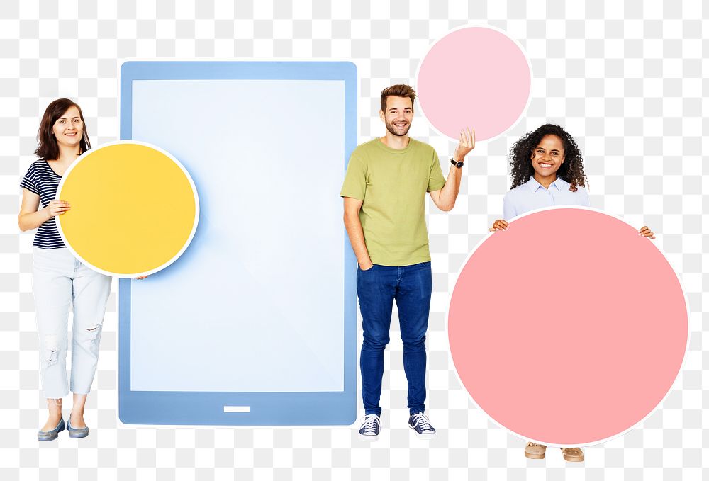 Tablet png people holding circle shapes, transparent background