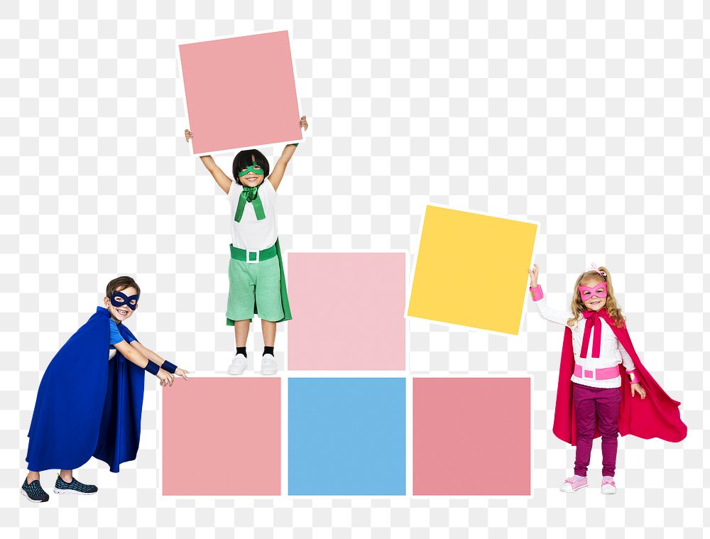 Png young superheroes stacking empty boxes, transparent background