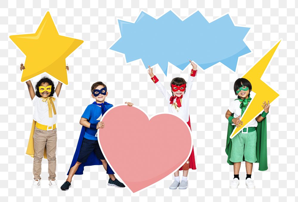 Png young superheroes with creative icons, transparent background
