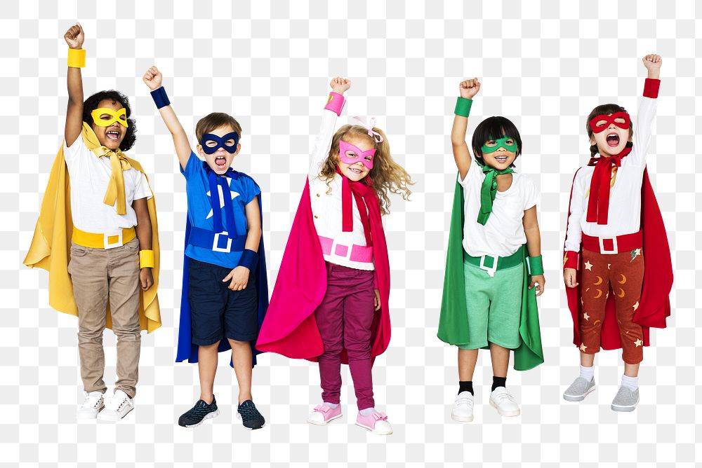 Png  kids wearing superhero costumes, transparent background