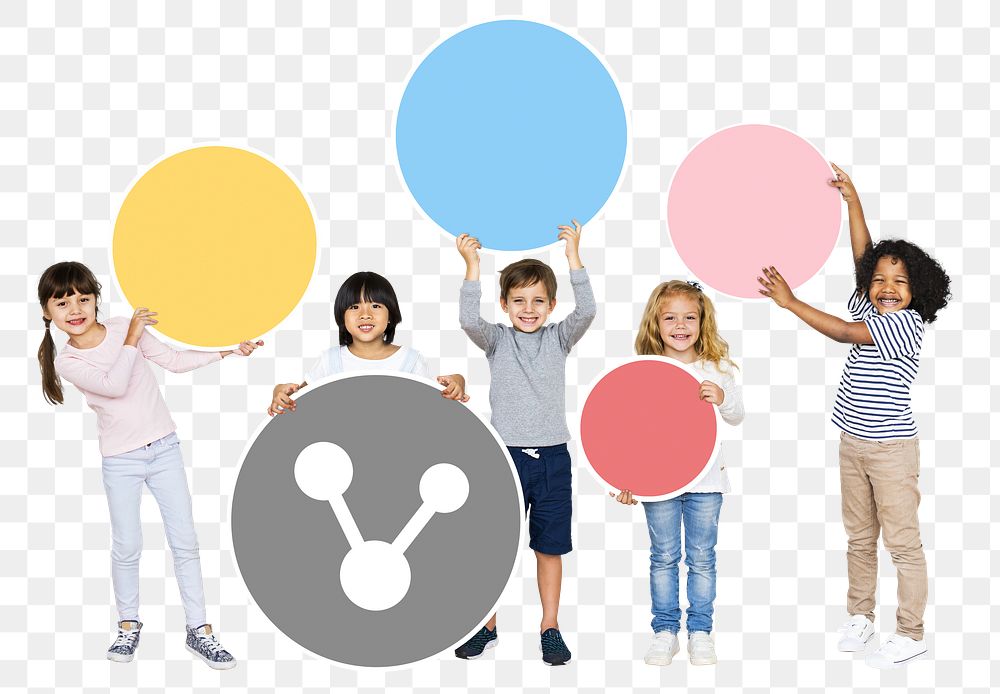 Png diverse children with  share icon, transparent background