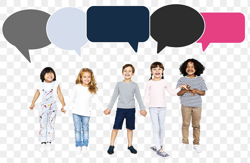 Happy diverse kids png with speech bubbles, transparent background
