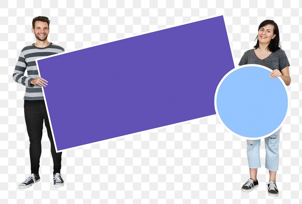 Png people holding blank shapes, transparent background