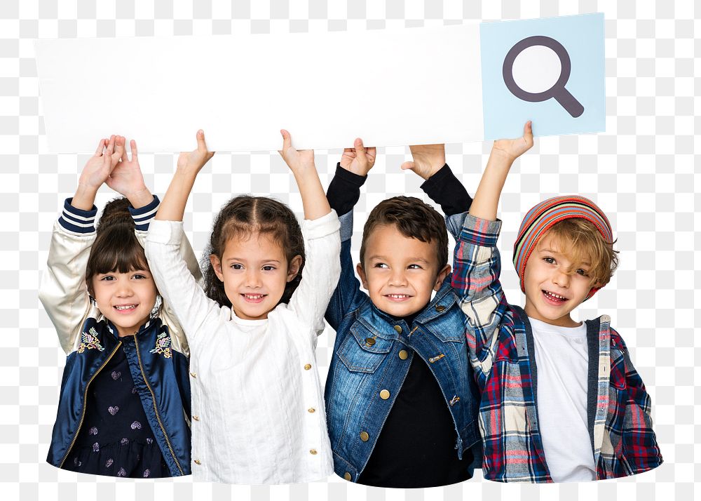 Kids holding search bar png element, transparent background