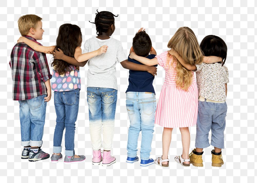 Children huddle together  png, transparent background