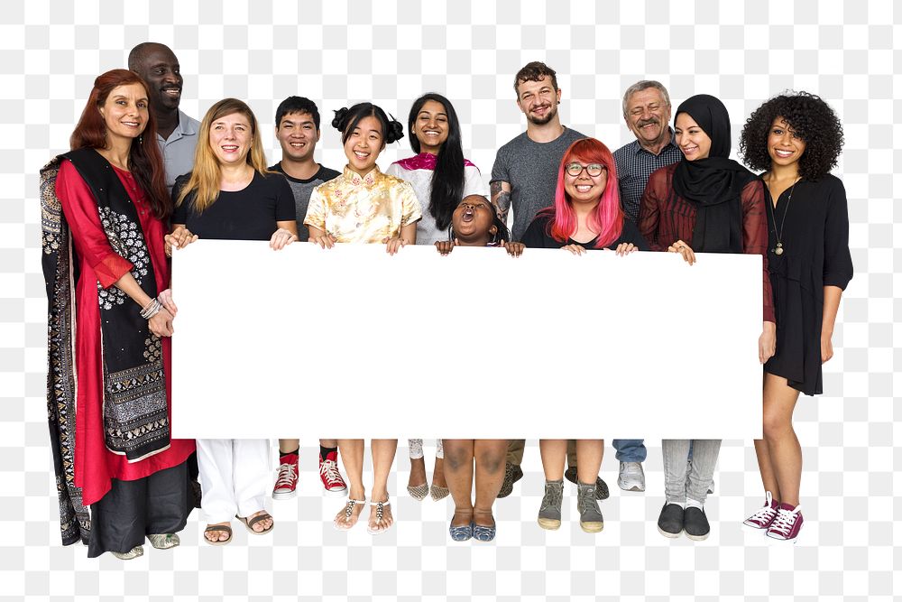 Png blank board with diverse people, transparent background