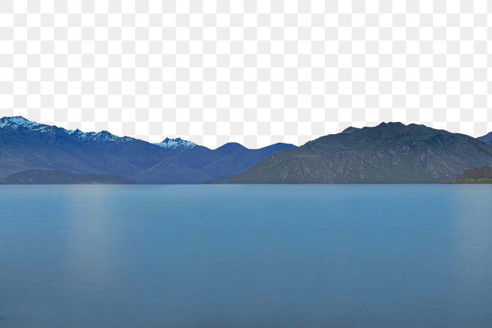 PNG Tree in the lake surrounded by mountains collage element, transparent background