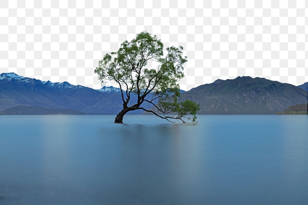 PNG Tree in the lake surrounded by mountains collage element, transparent background