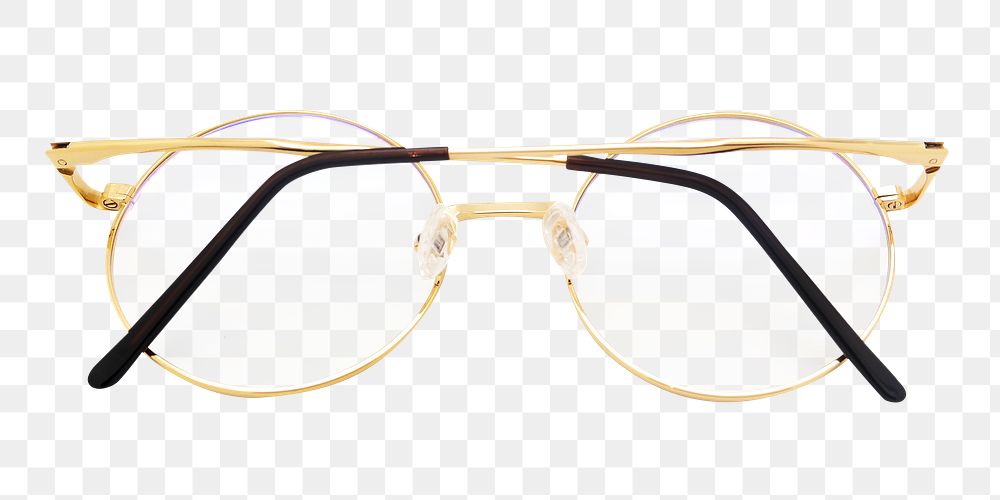 Png golden frame eyeglasses, isolated object, transparent background