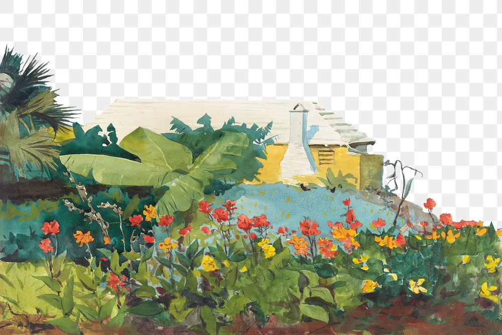 PNG Flower garden, vintage border illustration by Winslow Homer, transparent background. Remixed by rawpixel.