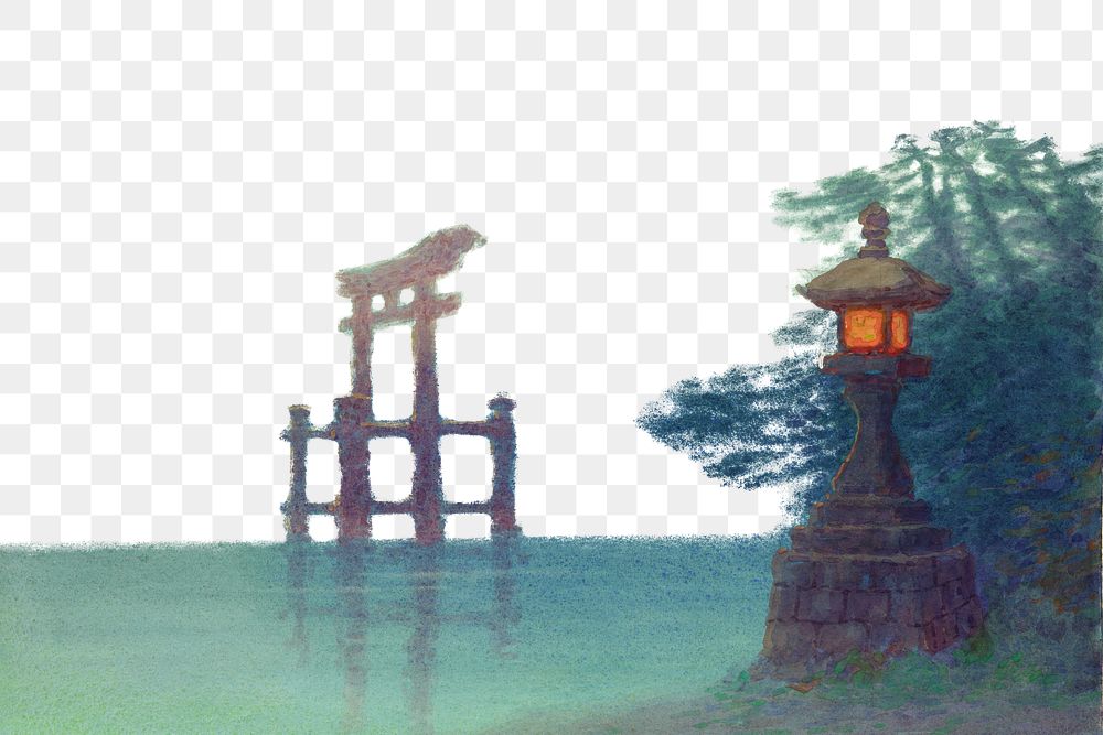 PNG Japanese stone lantern, vintage lake border by Yoshihiko Ito, transparent background. Remixed by rawpixel.