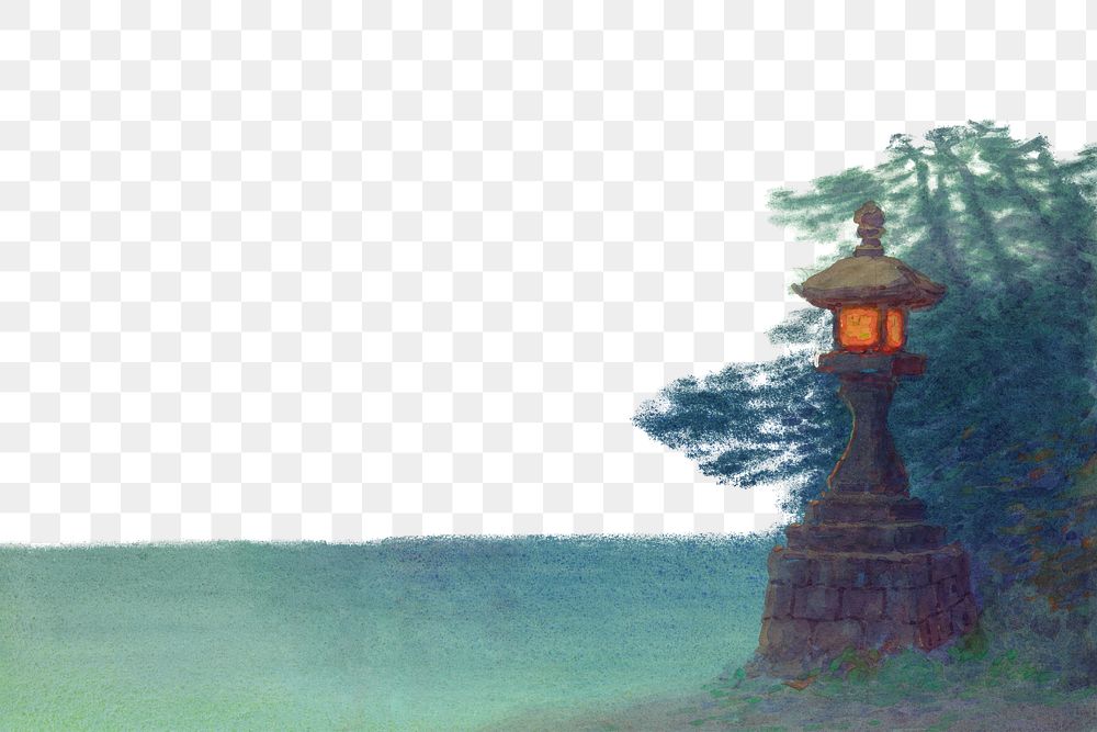 PNG Japanese stone lantern, vintage lake border by Yoshihiko Ito, transparent background. Remixed by rawpixel.