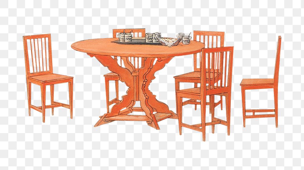 Orange wooden table png chairs, furniture illustration, transparent background. Remixed by rawpixel.