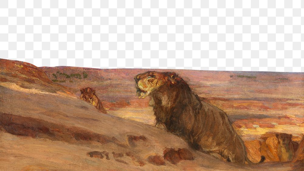 Png Lions in the Desert, vintage animal illustration by Henry Ossawa Tanner on transparent background. Remixed by rawpixel.