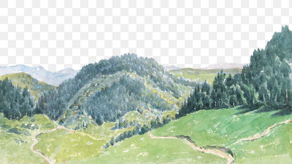 PNG Mountain landscape border, vintage nature illustration by Friedrich Carl von Scheidlin, transparent background. Remixed…