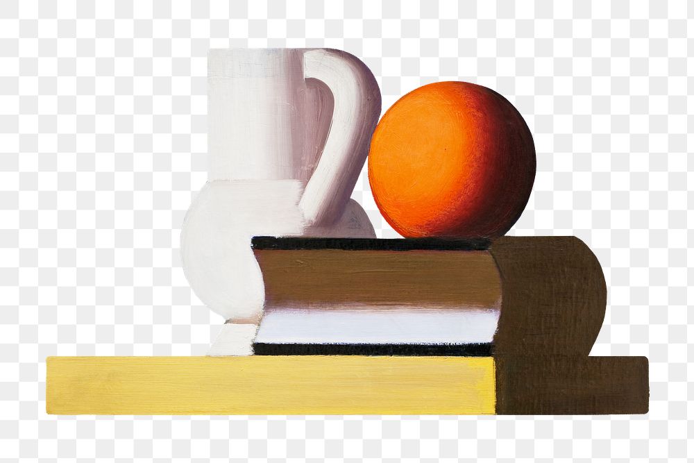 Png Arrangement with white jug, orange and book, still life by Vilhelm Lundstrom on transparent background. Remixed by…