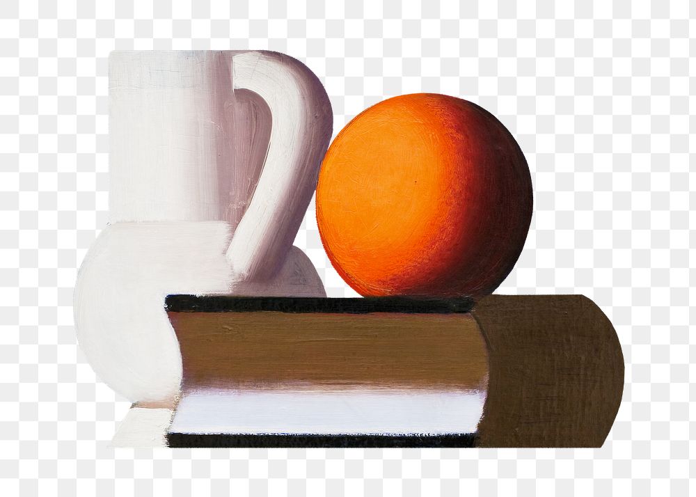 Png Arrangement with white jug, orange and book, still life by Vilhelm Lundstrom on transparent background. Remixed by…